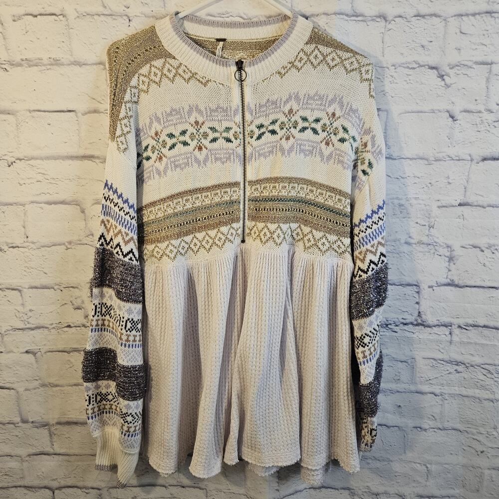 Free People Cozy Cottage Fair Island Metallic Sparkle Zip Size M Holiday Sweater